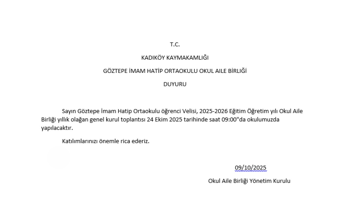 OKUL AİLE BİRLİĞİ YILLIK OLAĞAN GENEL KURUL TOPLANTISI
